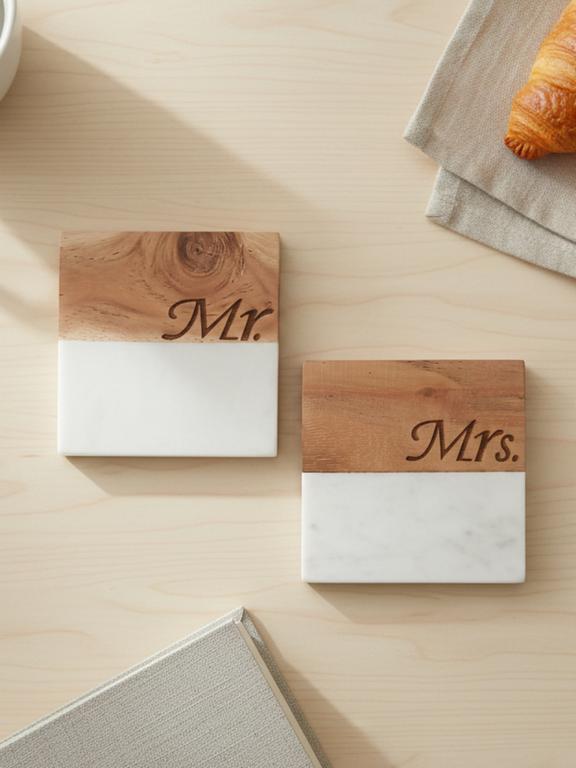 Marble Wooden Mr Mrs Square Coaster - set of 2