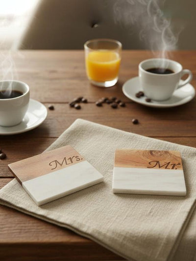 Marble Wooden Mr Mrs Square Coaster - set of 2