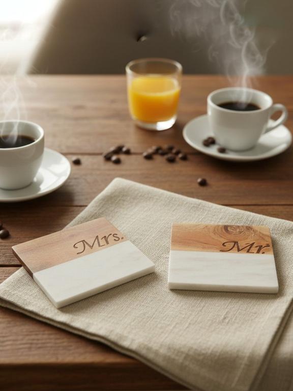 Marble Wooden Mr Mrs Square Coaster - set of 2