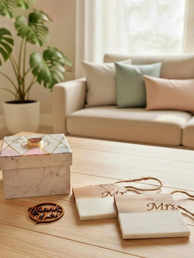Marble Wooden Mr Mrs Square Coaster - set of 2