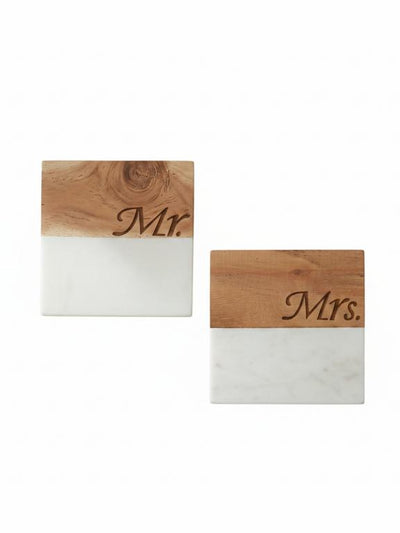 Marble Wooden Mr Mrs Square Coaster - set of 2