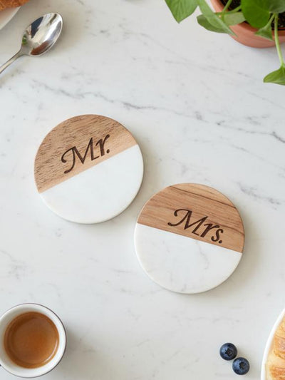 Marble Wooden Mr Mrs Round Coaster - set of 2
