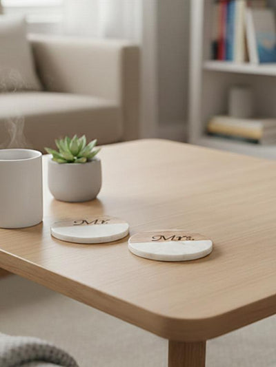 Marble Wooden Mr Mrs Round Coaster - set of 2
