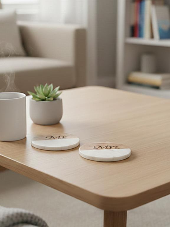 Marble Wooden Mr Mrs Round Coaster - set of 2