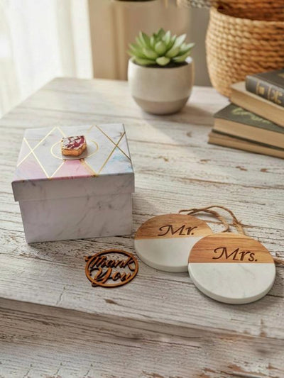 Marble Wooden Mr Mrs Round Coaster - set of 2