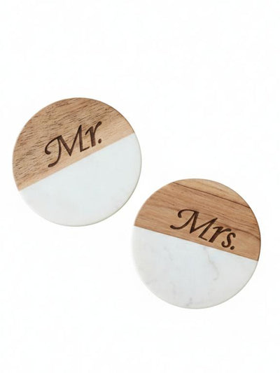 Marble Wooden Mr Mrs Round Coaster - set of 2