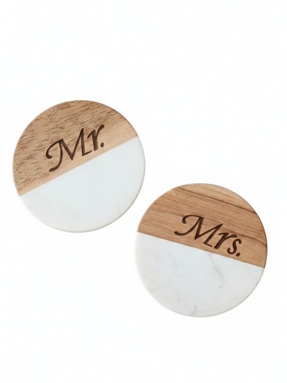 Marble Wooden Mr Mrs Round Coaster - set of 2