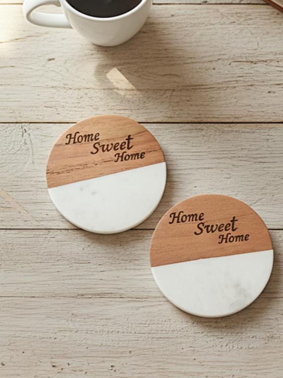 Marble Wooden Home Sweet Home Round Coaster - set of 2