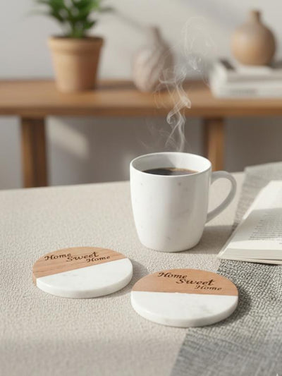 Marble Wooden Home Sweet Home Round Coaster - set of 2