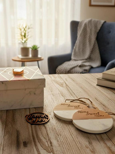 Marble Wooden Home Sweet Home Round Coaster - set of 2