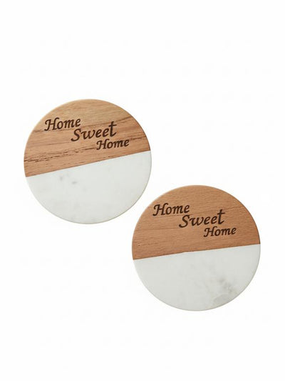Marble Wooden Home Sweet Home Round Coaster - set of 2