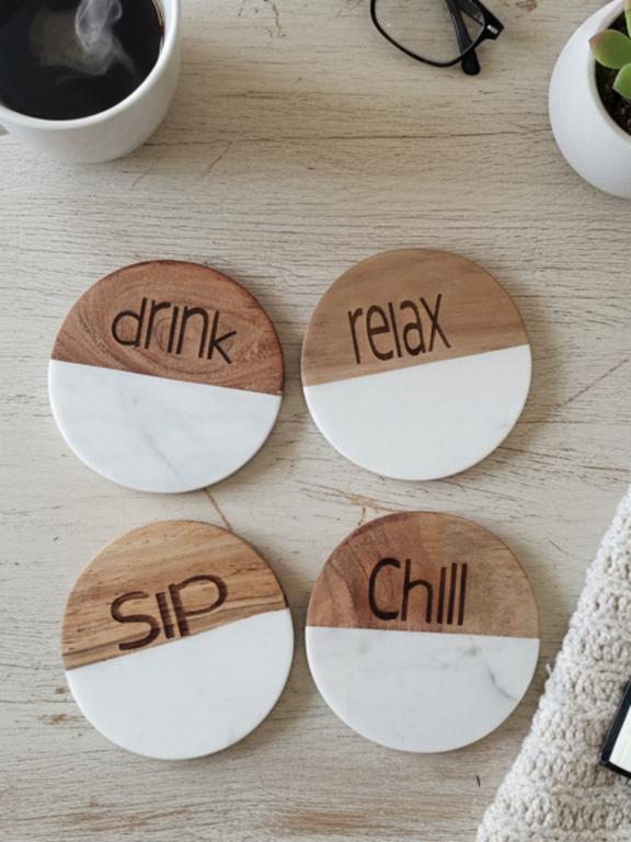 Marble Wooden Drink Relax Sip Chill Round Coaster - set of 4