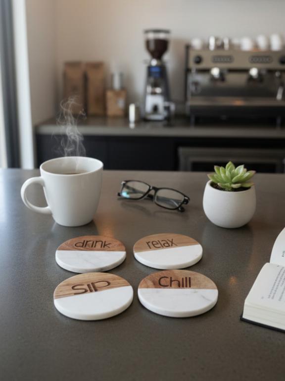 Marble Wooden Drink Relax Sip Chill Round Coaster - set of 4