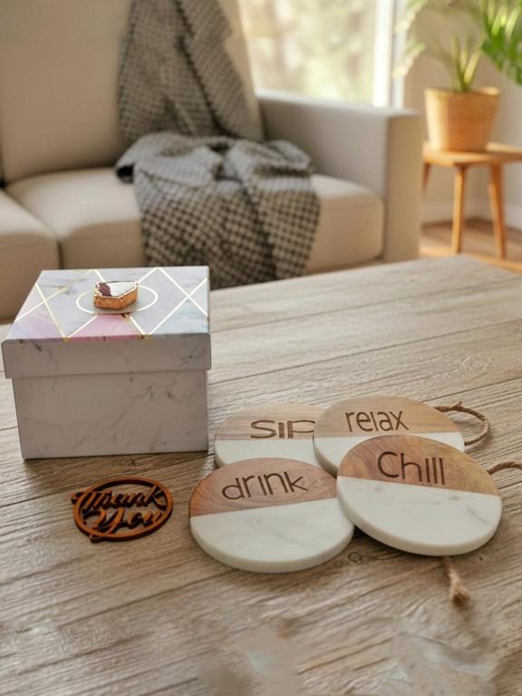 Marble Wooden Drink Relax Sip Chill Round Coaster - set of 4