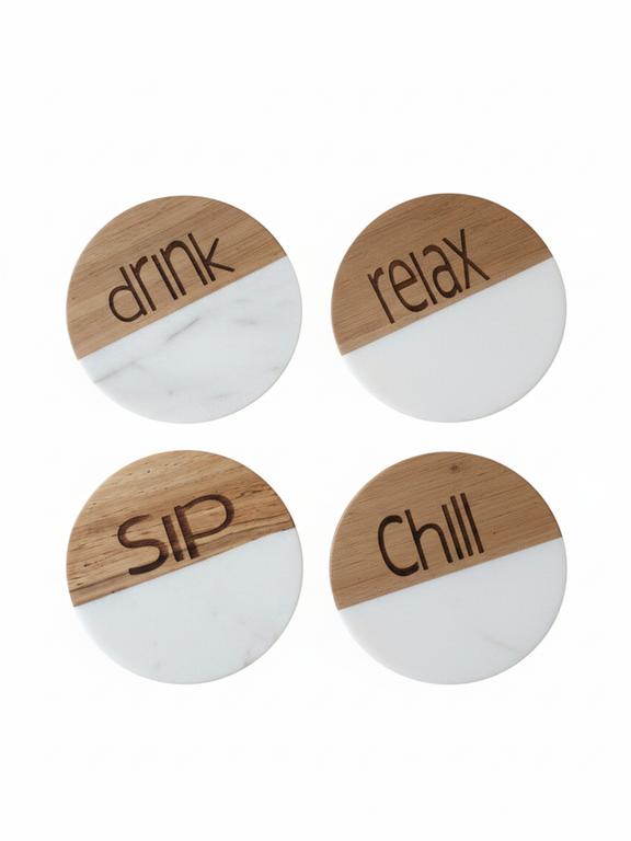 Marble Wooden Drink Relax Sip Chill Round Coaster - set of 4