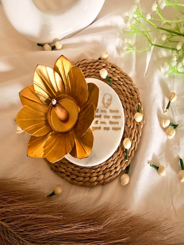 Marble Guruji Mantra Flower Shape Tealight Holder