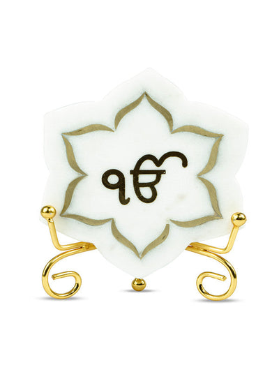 Ik Onkar Floral shape Marble with Brass Inlay Metal Stand Showpiece