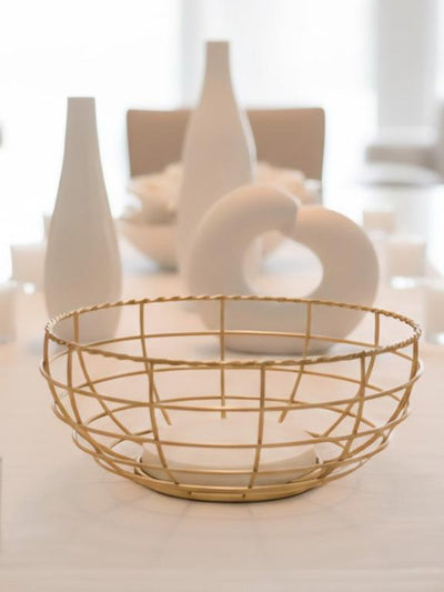 Gold Plated Metal Fruit Basket with White Marble Base