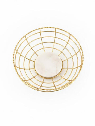 Gold Plated Metal Fruit Basket with White Marble Base