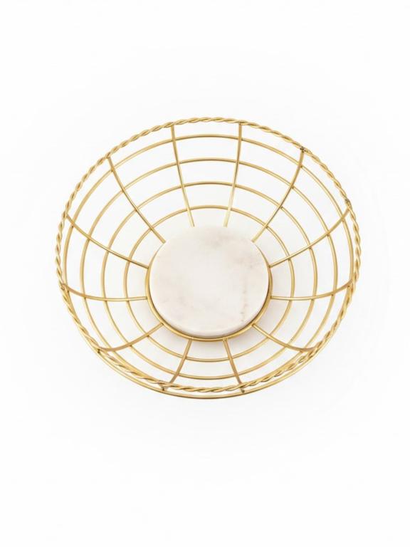 Gold Plated Metal Fruit Basket with White Marble Base