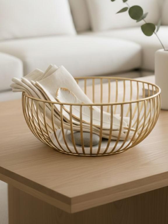 Gold Plated Metal Fruit and Casual Basket with White Marble Base