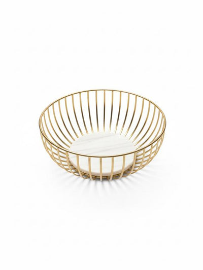 Gold Plated Metal Fruit and Casual Basket with White Marble Base