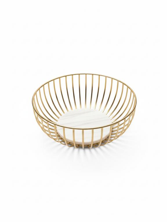 Gold Plated Metal Fruit and Casual Basket with White Marble Base