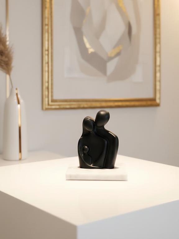 Abstract Family Bond Black Sculpture with White Marble Base