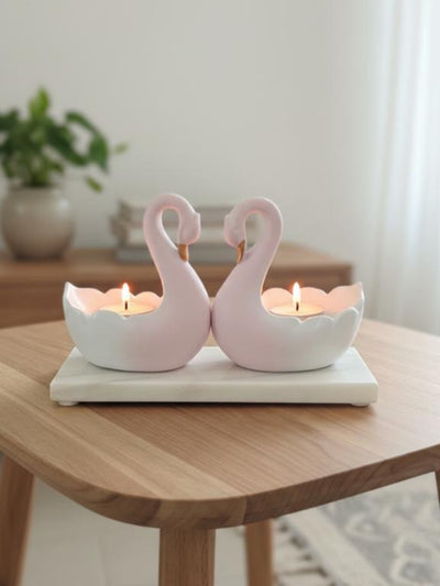 Swan Pair Tealight Candle Showpiece With Marble Base