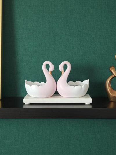 Swan Pair Tealight Candle Showpiece With Marble Base