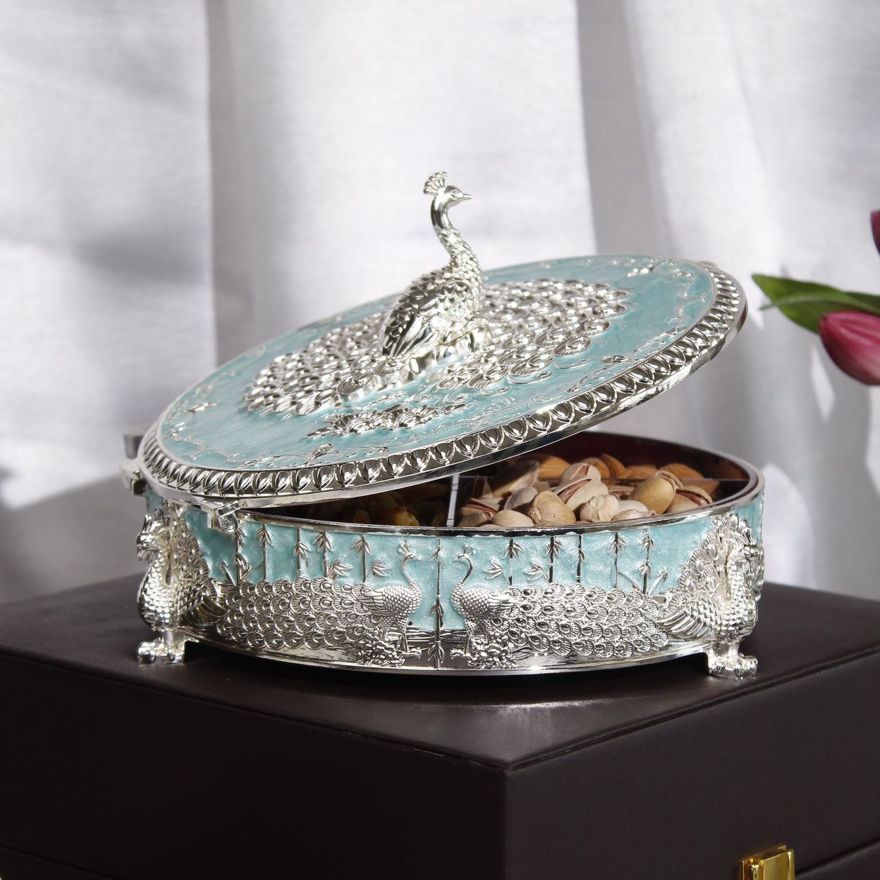 Peacock Dry Fruit Box with Lid – 20 cm