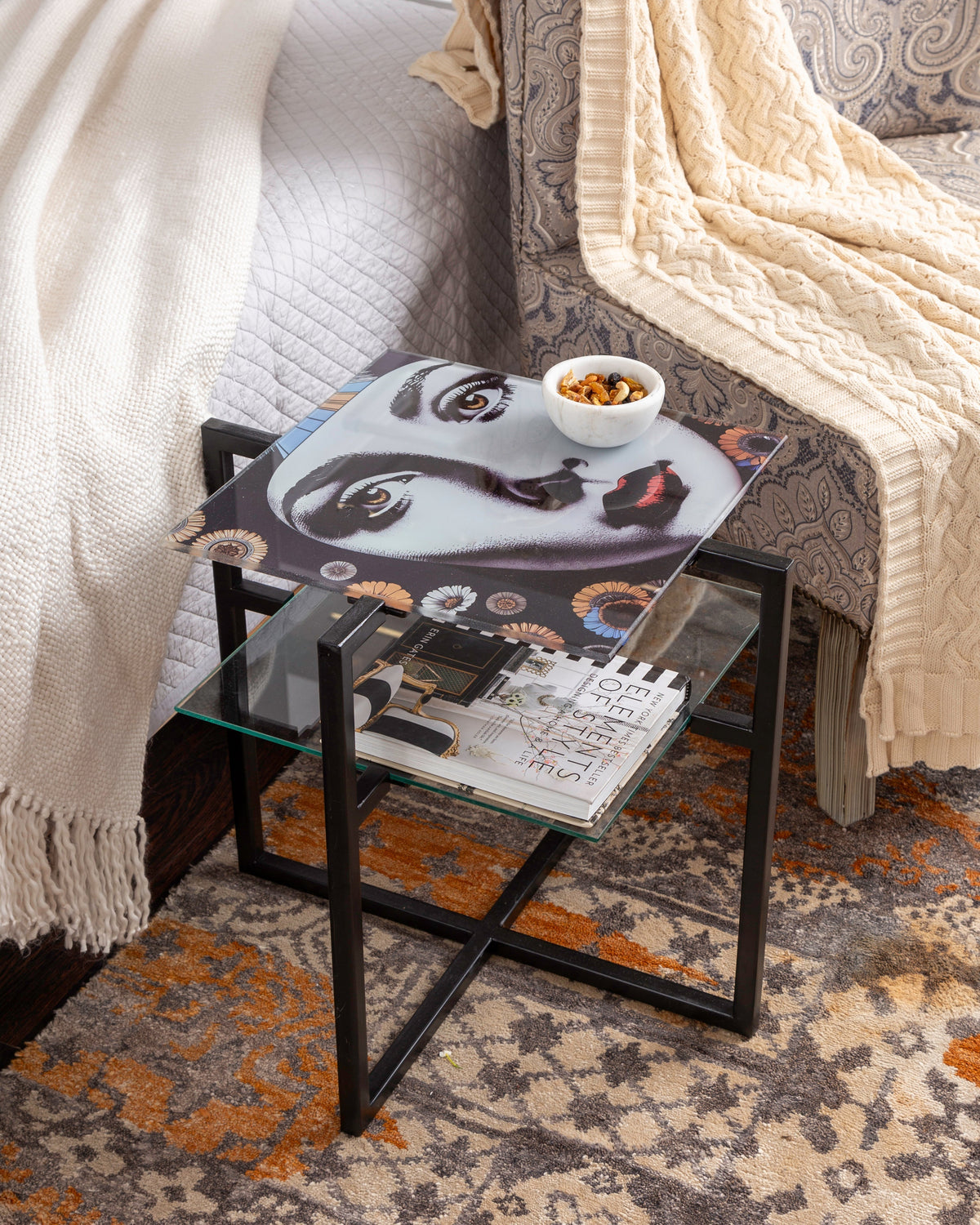 MONROE 2 - GLASS & METAL FACE PAINTED 2 LAYER ACCENT TABLE - Product Image 