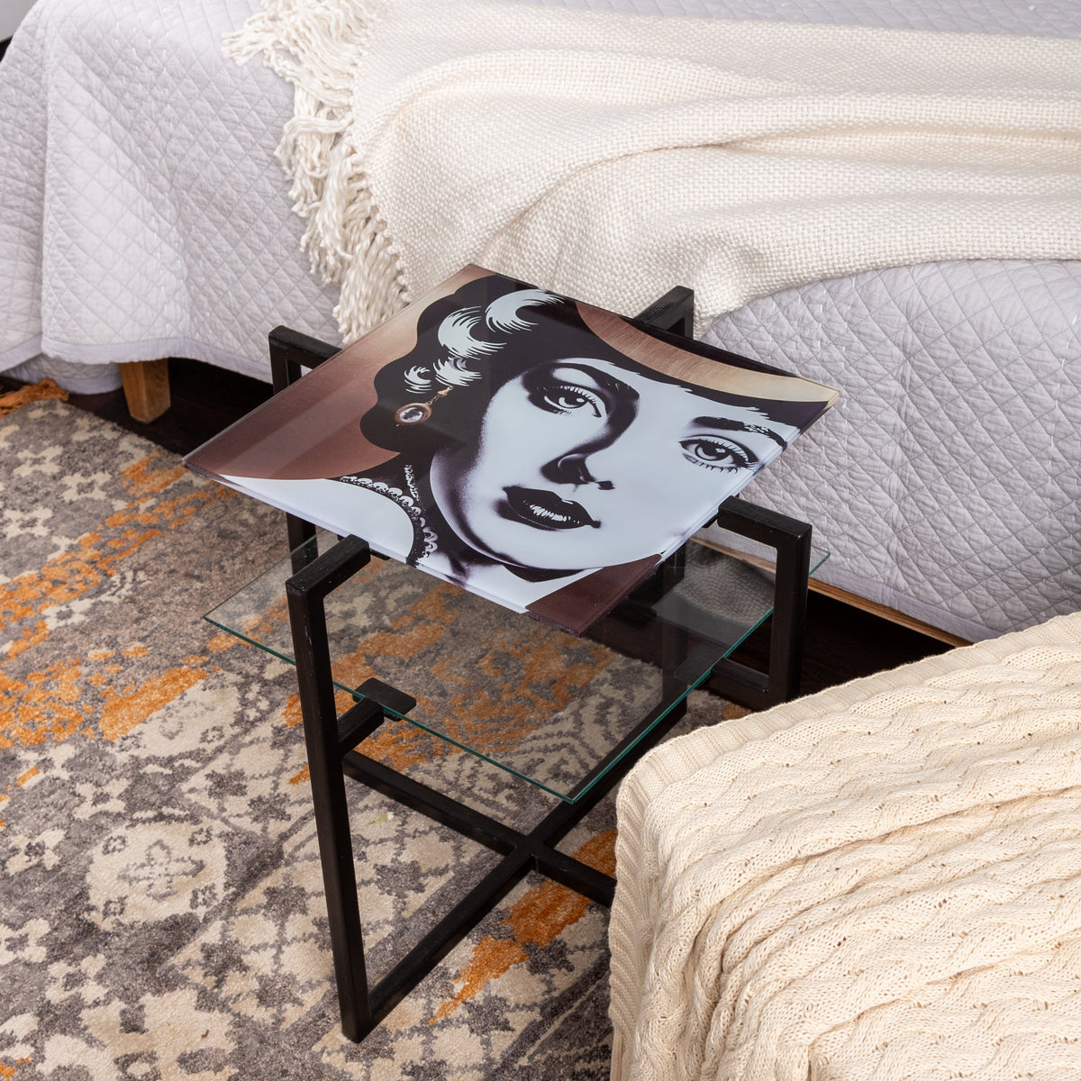 MONROE 1 - GLASS & METAL FACE PAINTED 2 LAYER ACCENT TABLE - Product Image 