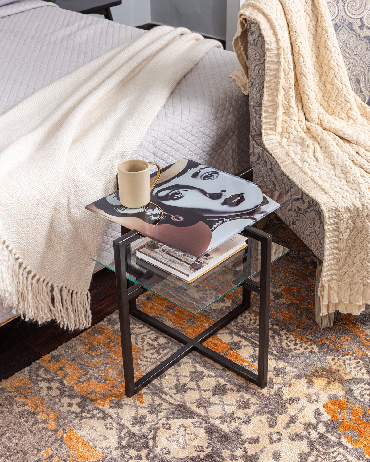 MONROE 1 - GLASS & METAL FACE PAINTED 2 LAYER ACCENT TABLE