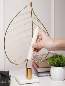 Leaf Design Metal Candle Holder with Marble Base Home Decor Accent