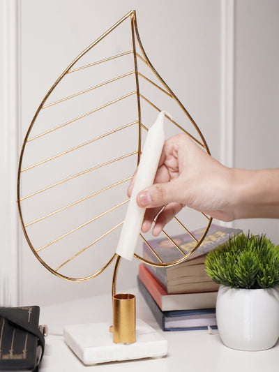 Leaf Design Metal Candle Holder with Marble Base Home Decor Accent