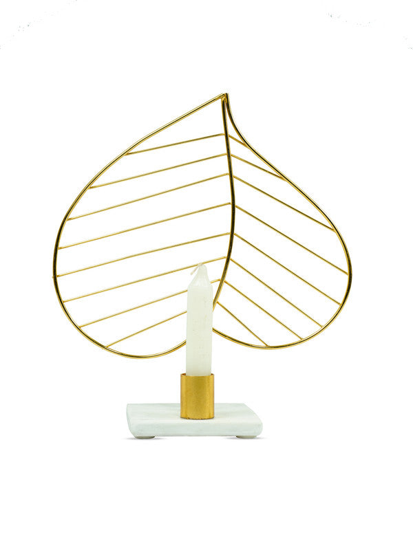 Leaf Design Metal Candle Holder with Marble Base Home Decor Accent