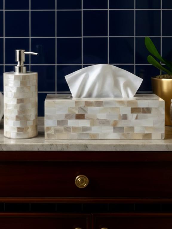 Mother of Pearl Round Soap Dispenser with Tissue Box