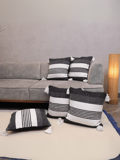 Monochrome Stripes Tufted Cushion Cover - Set of 5