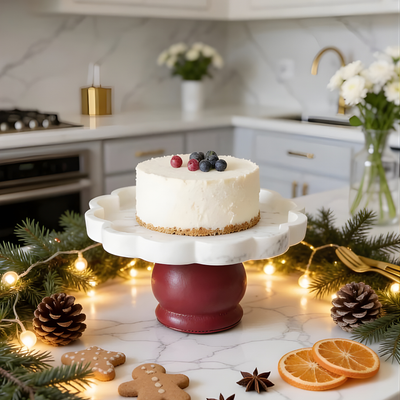 Marbella Cake Stand leather and rattan luxury cake stand India - The Mage Home