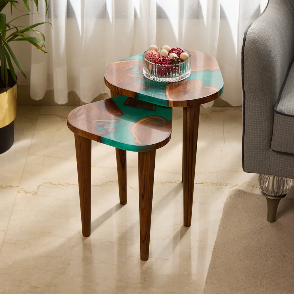 Nesting Table Set of 2 – Teak Wood with Pearl Green Resin Finish