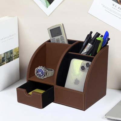 Leather Desk Organizer with Drawer – 4-Compartment