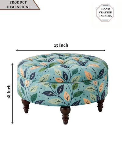 Floral Velvet Round Ottoman Stool with Sagwan Wood Legs