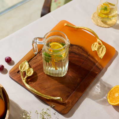 Wooden Tray with Handles – Acacia Wood, Translucent Orange Resin Finish