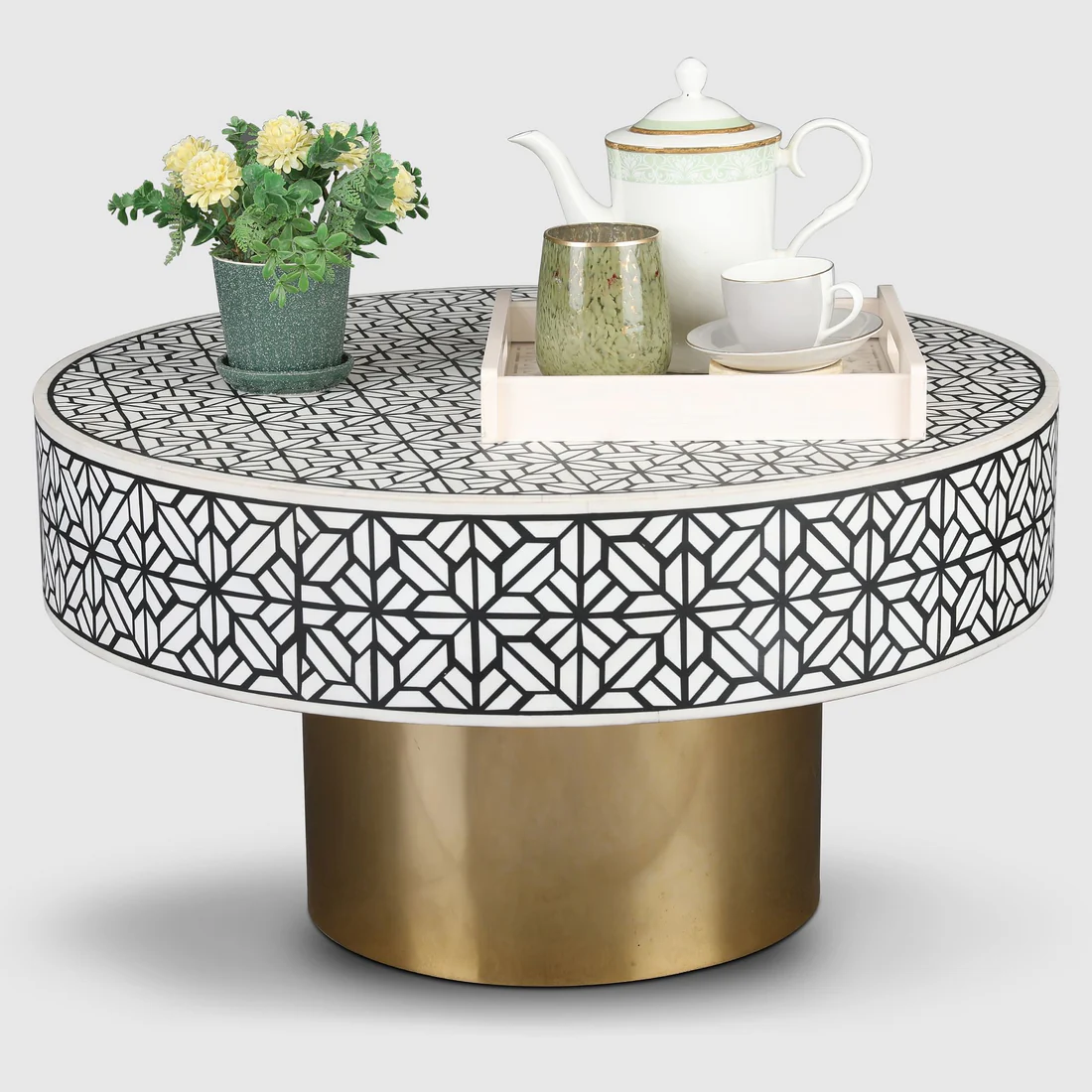 Ossein Iron New Center Table in Black & White Colour