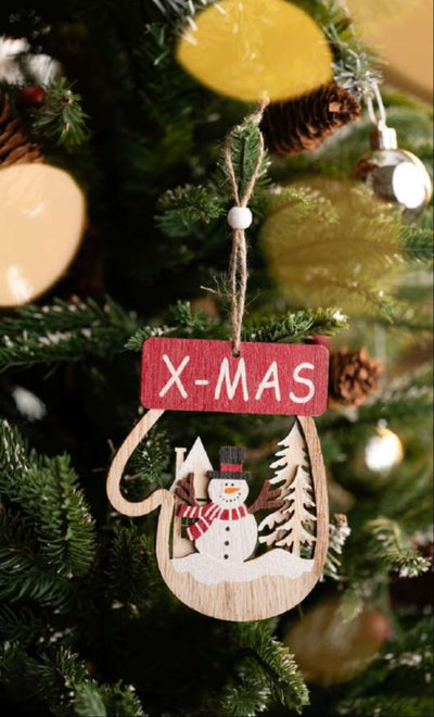 Wooden Mitten Hanging Ornament with Snowman and XMAS Sign_CC35