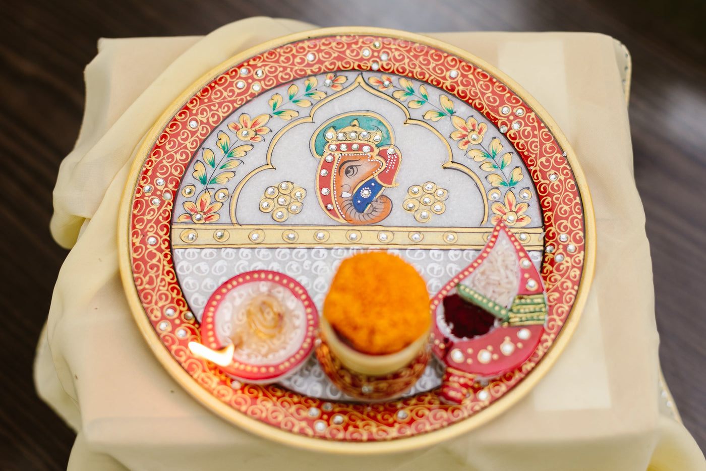 Marble Pooja Thali | Meenakari & Ganesha Design