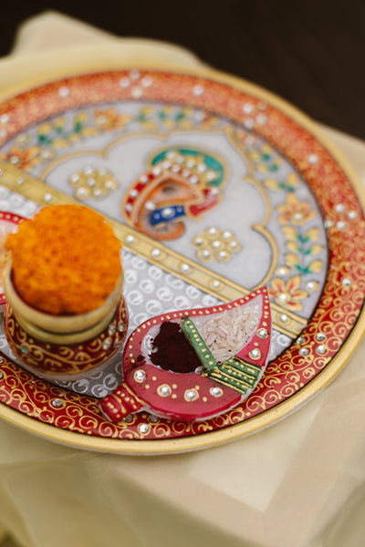 Marble Pooja Thali | Meenakari & Ganesha Design