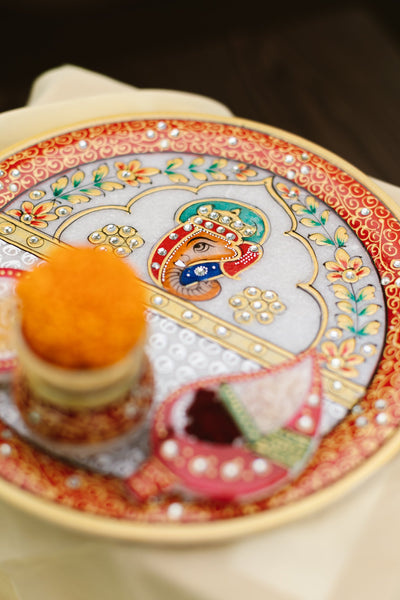 Marble Pooja Thali | Meenakari & Ganesha Design