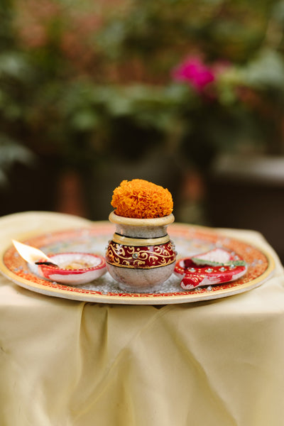 Marble Pooja Thali | Meenakari & Ganesha Design